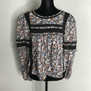 American Eagle Crop Top Womens XS Multicolor Floral Open Back  Balloon Sleeve